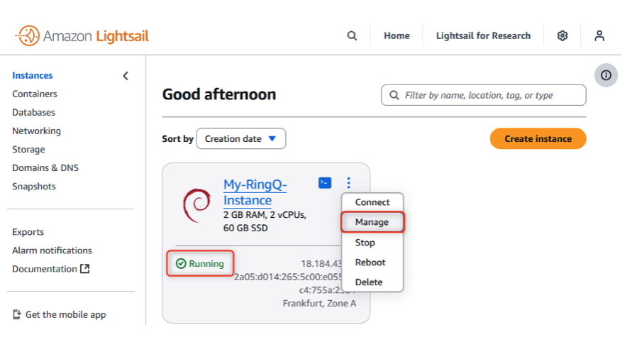 RingQ Amazon Lightsail instance